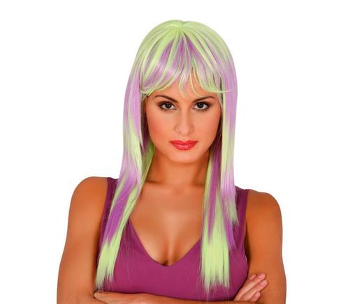 Pruik Lang Haar Neon Geel Paars, Hobby en Vrije tijd, Feestartikelen, Nieuw, Verzenden