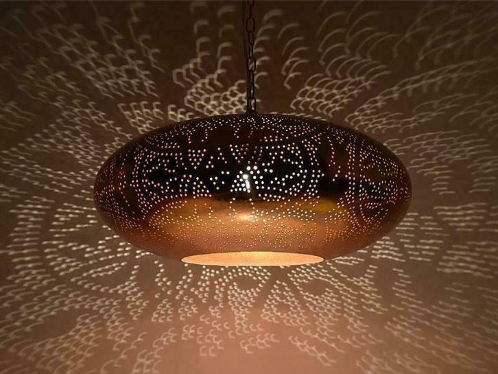 Vintage koperen hanglamp in filigrain oosterse stijl, Huis en Inrichting, Lampen | Hanglampen, Nieuw, Metaal, Ophalen of Verzenden