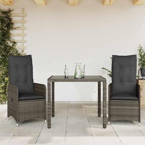 vidaXL 3-delige Bistroset met kussens poly rattan grijs, Tuin en Terras, Tuinsets en Loungesets, Nieuw, 2 zitplaatsen, Rotan, Verzenden