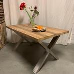 Eettafel - 150 tot 200 cm – geborsteld teak - RVS X  poten, Huis en Inrichting, Tafels | Eettafels, 50 tot 100 cm, Nieuw, Landelijk Stoer Robuust 