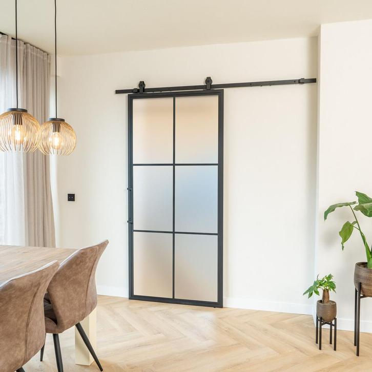 Stalen Schuifdeur - 6 Vlaks - Mat glas, Doe-het-zelf en Verbouw, Kozijnen en Schuifpuien, Inclusief glas, Nieuw, Metaal, 150 tot 225 cm