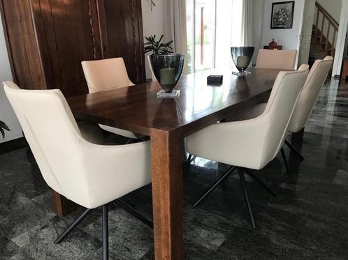 Set van 6 leren eetkamerstoelen - draaibaar - crème kleur le, Huis en Inrichting, Stoelen, Vijf, Zes of meer stoelen, Overige kleuren