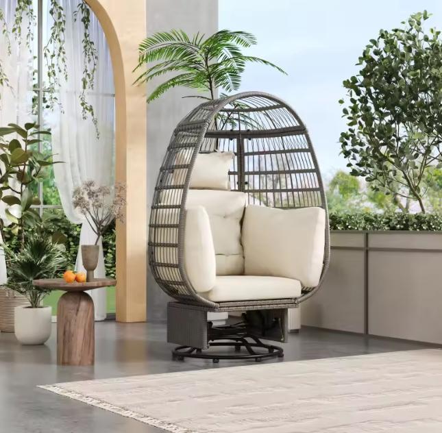 Nieuwe Rotan Ei Schommelstoel – Rotan grijs en wit van kleur, Tuin en Terras, Tuinstoelen, Nieuw, Rotan, Verzenden