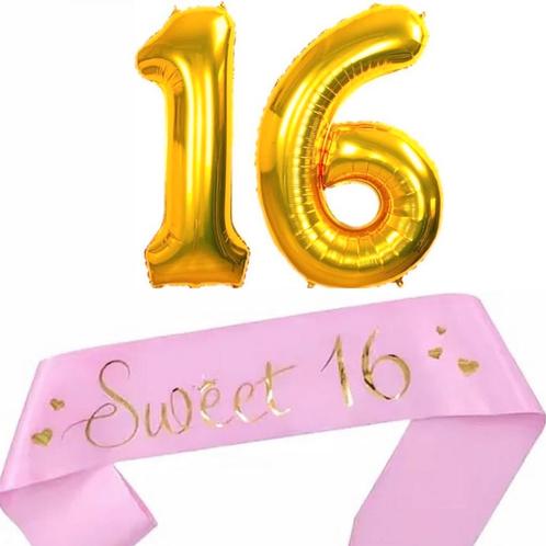 Sweet 16 set met sjerp en folie ballonnen, Hobby en Vrije tijd, Feestartikelen, Verjaardag, Nieuw, Versiering, Verzenden