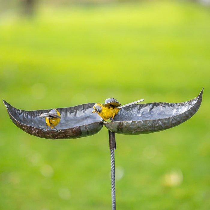 sculptuur, Dubbele drinkschaal met twee gele vogels - 140 mm, Antiek en Kunst, Curiosa en Brocante