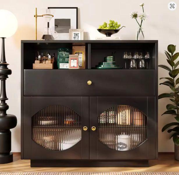 Zwart Keukendressoir met Glazen Deuren – 100 cm Breed, Huis en Inrichting, Keuken | Keukenelementen, Nieuw, Verzenden