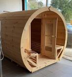 Schoener Yukon Cedar Barrelsauna met veranda, Sport en Fitness, Nieuw, Complete sauna, Verzenden, Fins of Traditioneel