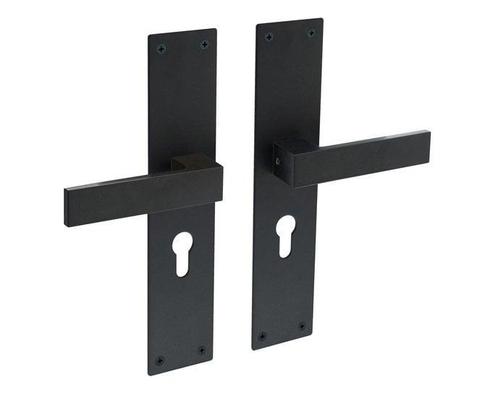 Deurklink Amsterdam schild zwart profielcilindergat 55mm, Doe-het-zelf en Verbouw, Hang- en Sluitwerk, Klink of Kruk, Nieuw, Rvs