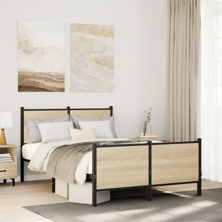 vidaXL Bedframe zonder matras metaal sonoma eikenkleurig, Huis en Inrichting, Slaapkamer | Bedden, 120 cm, 190 cm of minder, Bruin