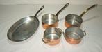 Een koperen lot: vispan, 2 steelpannen, 2 ovenschaaltjes -