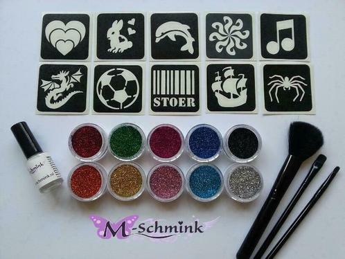 Glittertattoo set groot incl 10 sjablonen tattoo glitter, Hobby en Vrije tijd, Feestartikelen, Feestartikel, Nieuw, Verzenden