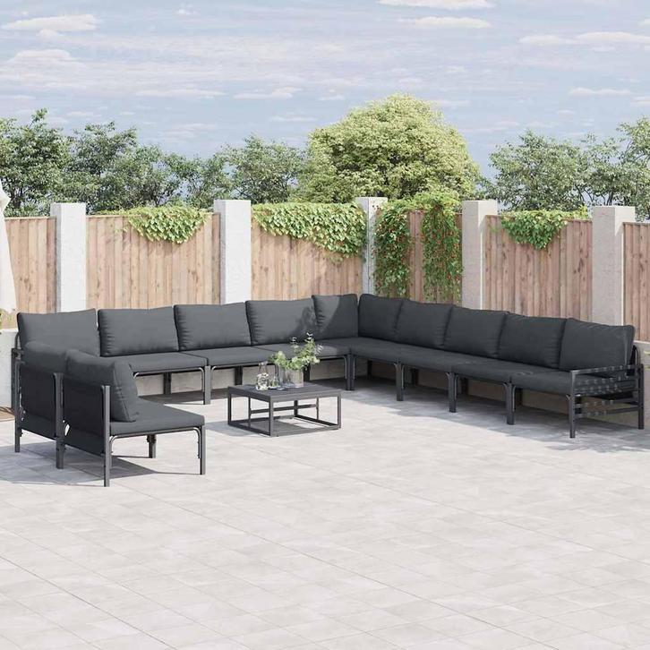 vidaXL Tuinbankenset met kussen 11 pcs Zwart Staal, Tuin en Terras, Tuinsets en Loungesets, Nieuw, Rvs, Verzenden