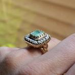 Gouden Victoriaanse ring met smaragd en roos geslepen dia..., Gebruikt, Overige kleuren, Ophalen of Verzenden, Kleiner dan 17
