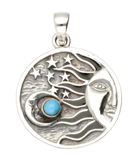 Zilveren Zon en maan met turquoise kettinghanger, Sieraden, Tassen en Uiterlijk, Kettinghangers, Verzenden