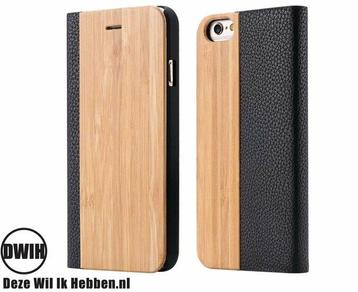iPhone 15 Plus Flip case – Bamboe en zwart Leer