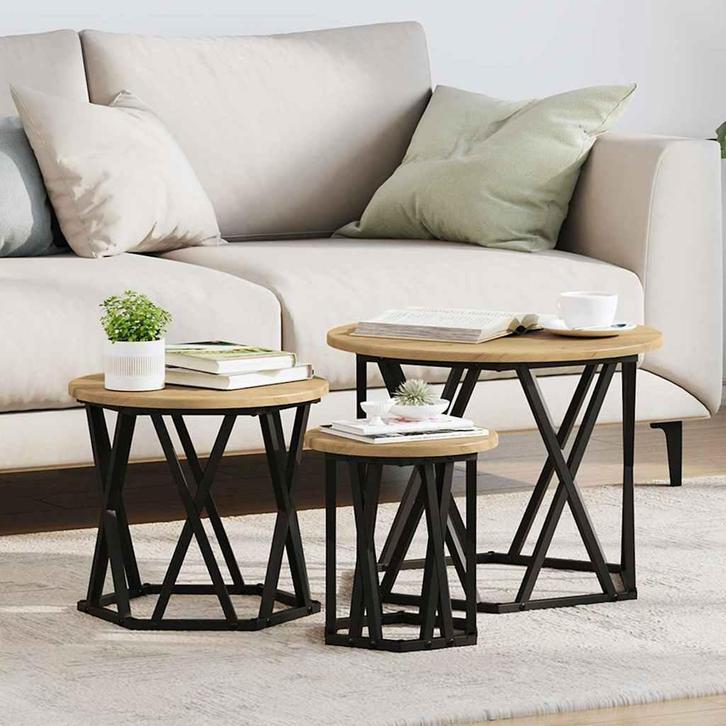 vidaXL Nestbare Bijzettafel 3 pcs artisanaal eikenkleurig, Huis en Inrichting, Tafels | Salontafels, Rond, Nieuw, Overige houtsoorten