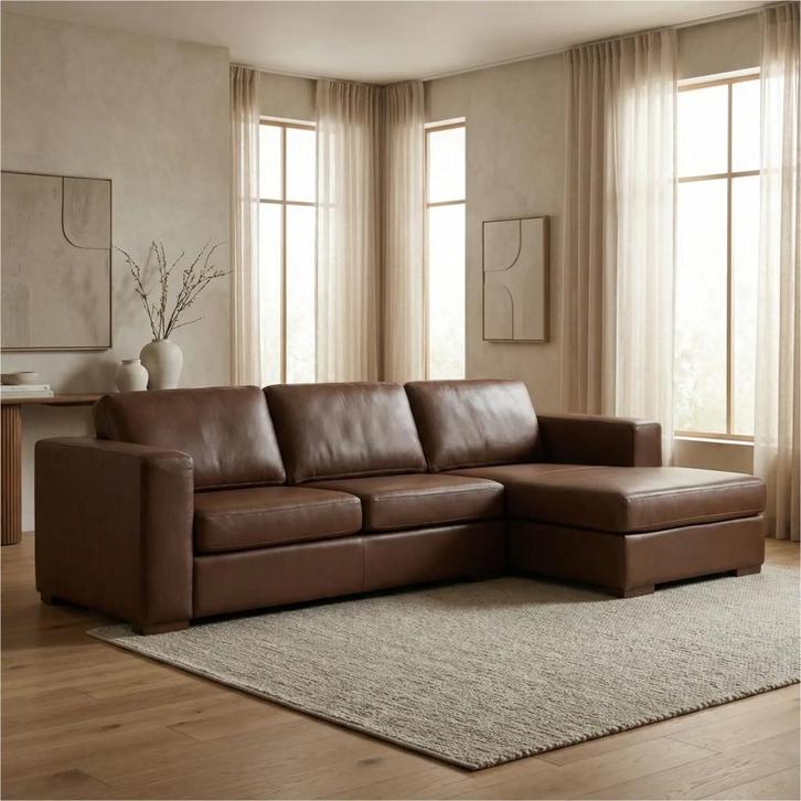 Leren hoekbank Flow - 2 zits + longchair, Huis en Inrichting, Banken | Bankstellen, 200 tot 250 cm, 75 tot 100 cm, Hoekbank, Nieuw