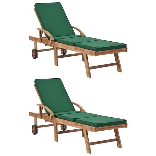 vidaXL Ligbedden met kussens 2 st massief teakhout groen, Tuin en Terras, Ligbedden, Nieuw, Verzenden