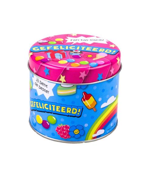 Snoepblik Gefeliciteerd 9cm, Hobby en Vrije tijd, Feestartikelen, Nieuw, Verzenden