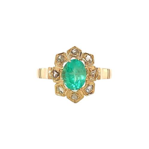 Gouden vintage entourage ring met smaragd en roosdiamant 14, Sieraden, Tassen en Uiterlijk, Ringen, Nieuw, Ophalen of Verzenden