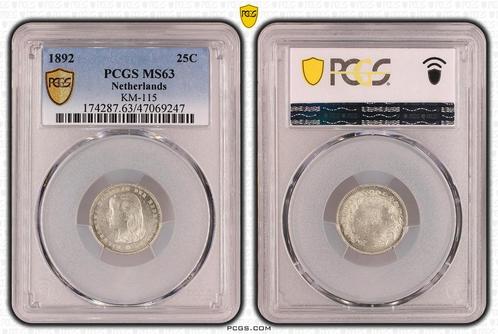 Koningin Wilhelmina 25 cent 1892 MS63 PCGS (pop 3/4), Postzegels en Munten, Munten | Nederland, Losse munt, 25 cent, Koningin Wilhelmina
