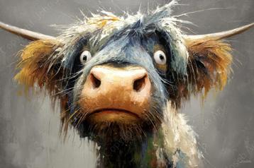 1113 - John Joseb Art -Schilderij grappige koe, stier, humor beschikbaar voor biedingen
