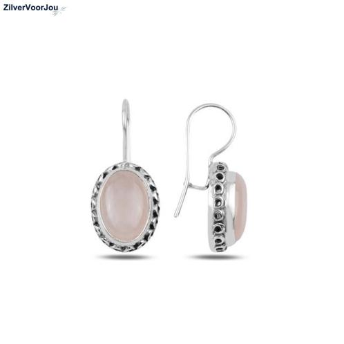 Zilveren roze kwarts ovale oorhangers handgemaakt, Sieraden, Tassen en Uiterlijk, Oorbellen, Nieuw, Verzenden