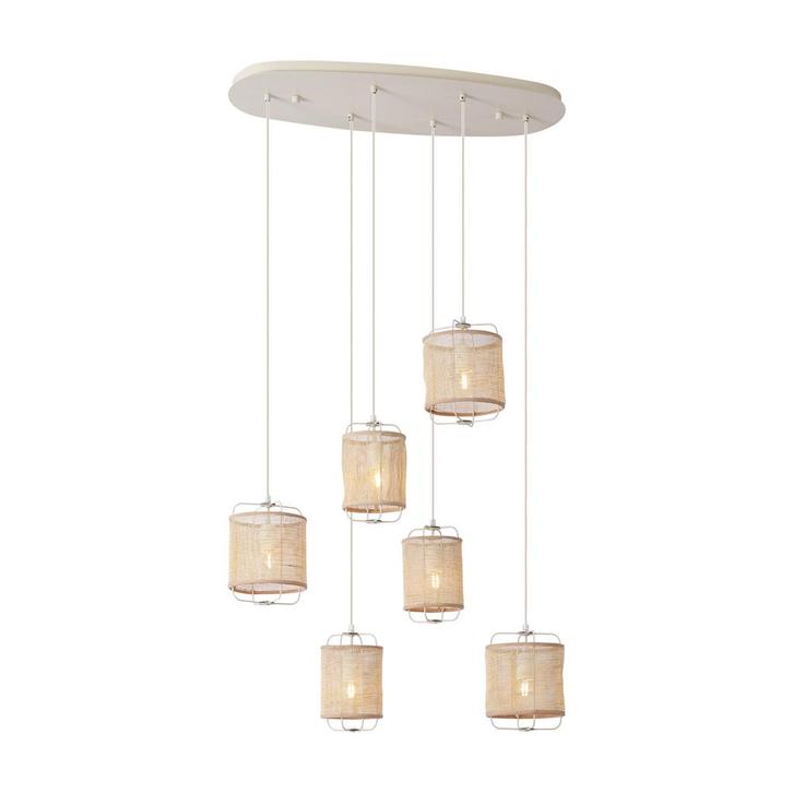 Japandi hanglamp beige met stoffen kappen 6-lichts - Yente, Huis en Inrichting, Lampen | Hanglampen, Nieuw, Overige materialen