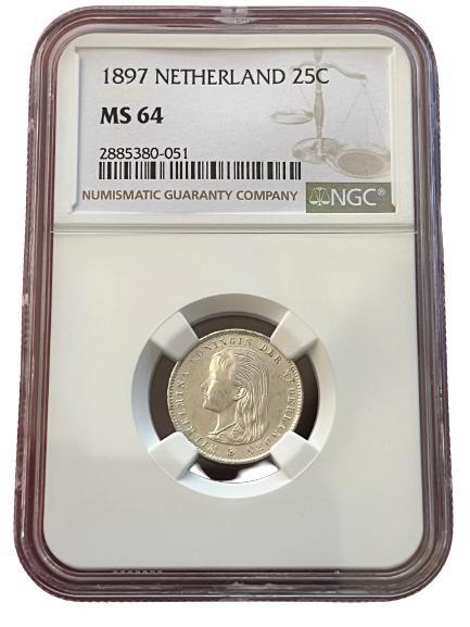 Koningin Wilhelmina 25 cent 1897 MS64 NGC gecertificeerd, Postzegels en Munten, Munten | Nederland, Losse munt, 25 cent, Koningin Wilhelmina