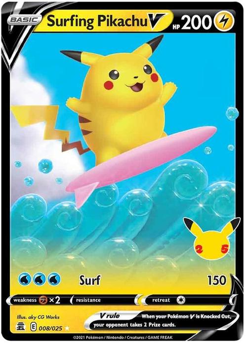 Surfing Pikachu V 008/025  Celebrations, Hobby en Vrije tijd, Verzamelkaartspellen | Pokémon, Losse kaart, Nieuw, Foil, Ophalen of Verzenden