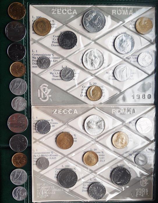Italië, Republiek 2 Divisionali 1980+1981 con 2 Argenti, Postzegels en Munten, Munten | Europa | Niet-Euromunten