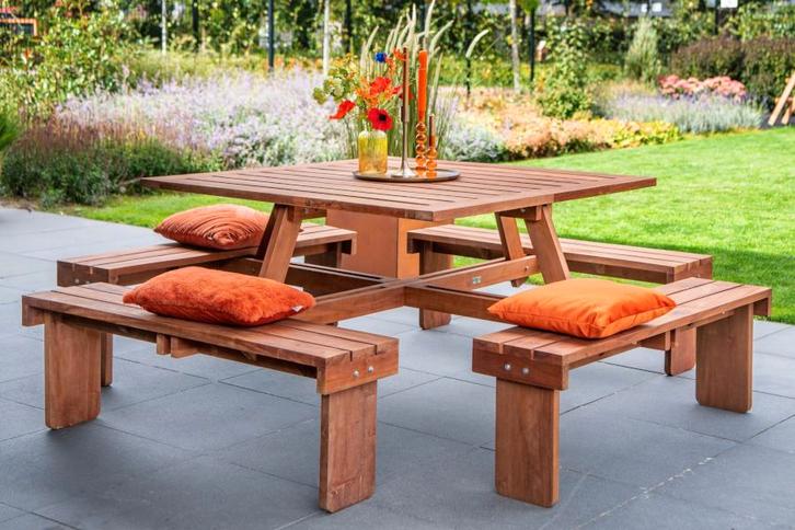 Rockwood® Picknicktafel Vierkant Hardhout 1.30m, Tuin en Terras, Picknicktafels, Nieuw, Hout, Vierkant, Ophalen of Verzenden