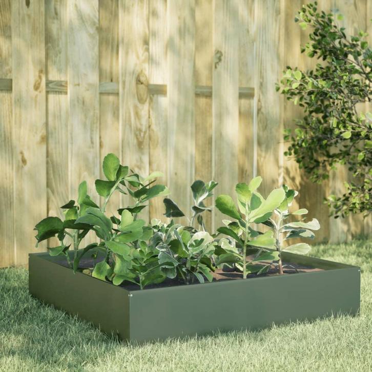 vidaXL Plantenbak verhoogd 100x100x33,5 cm staal olijfgroen, Tuin en Terras, Bloembakken en Plantenbakken, Nieuw, Metaal, Verzenden