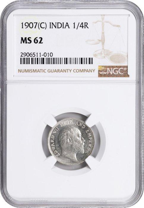 Brits India. Edward VII. 1/4 Rupia 1907 - NGC MS62 (Calcuta), Postzegels en Munten, Munten | Europa | Niet-Euromunten