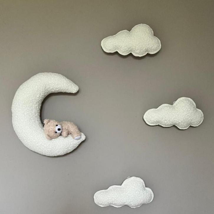 Wolkenset met liggend beertje op de maan – 4-delige wandd., Kinderen en Baby's, Kinderkamer | Inrichting en Decoratie, Nieuw, Ophalen of Verzenden