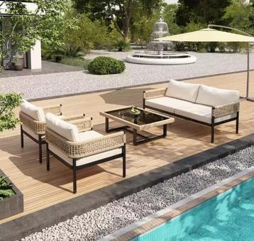 4-Delige Tuinset – IJzer, Gehard Glas &amp; Handgeweven Touw beschikbaar voor biedingen