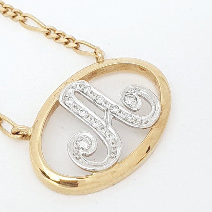Ketting met hanger - 18 karaat Geel goud, Witgoud - 0.11ct., Sieraden, Tassen en Uiterlijk, Antieke sieraden