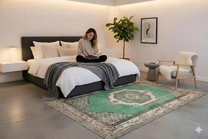 Green vintage - Vloerkleed - 205 cm - 110 cm -  Met de hand, Huis en Inrichting, Stoffering | Tapijten en Kleden