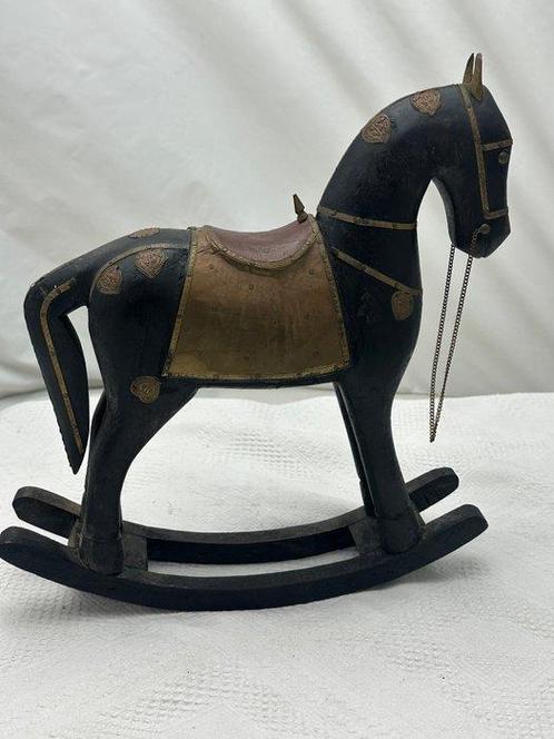 Figuur - Cavallo a dondolo - Hout, Leder, Messing, Antiek en Kunst, Curiosa en Brocante