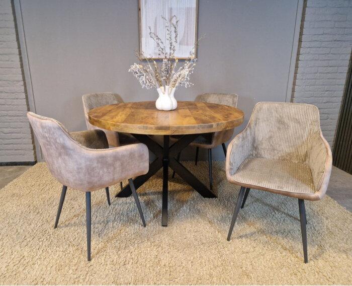 Combideal eetkamerset: ronde eettafel Mangohout 120 cm met 4, Huis en Inrichting, Tafels | Eettafels, Nieuw, Ophalen of Verzenden