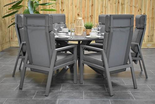 Firenze Ronde Tafel 150 Keramischblad Dark Grey met 6 Birmin, Tuin en Terras, Tuinsets en Loungesets, Eettafel, Stoel, 6 zitplaatsen