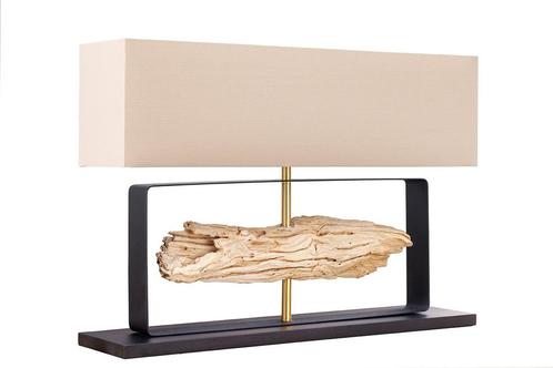 Tafellamp ROUSILIQUE 60cm Lampenkap beige teak hout naturel, Huis en Inrichting, Lampen | Tafellampen, Ophalen of Verzenden