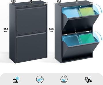 Prullenbak 4 vakken–Afvalem 60 Lt-62x25x93cm-Wit-Zwart-Grjs beschikbaar voor biedingen