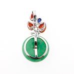 18 Krt. Witgouden hanger met jade, rode jaspis en saffier, Ophalen of Verzenden, Gebruikt, Goud, Overige merken