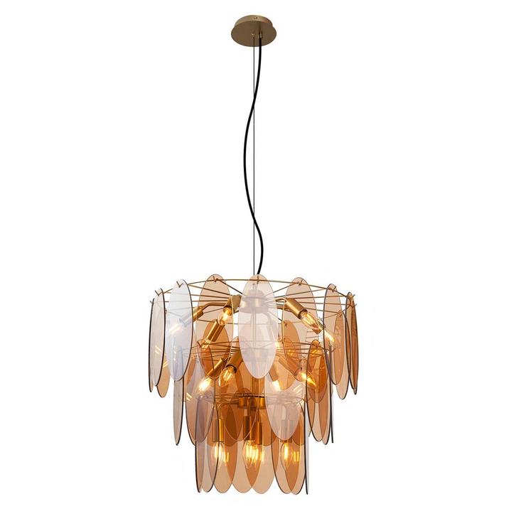 Art Deco hanglamp goud met amber glas ovaal 14-lichts -, Huis en Inrichting, Lampen | Hanglampen, Nieuw, Glas, Verzenden