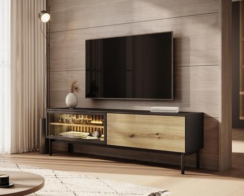 TV-Meubel zwart met eiken 180x39x55 met LED, Huis en Inrichting, Kasten | Televisiemeubels, 150 tot 200 cm, 25 tot 50 cm, Nieuw