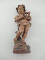 Snijwerk, Holzfigur - farbiger Engel mit Harfe - Handarbeit, Antiek en Kunst