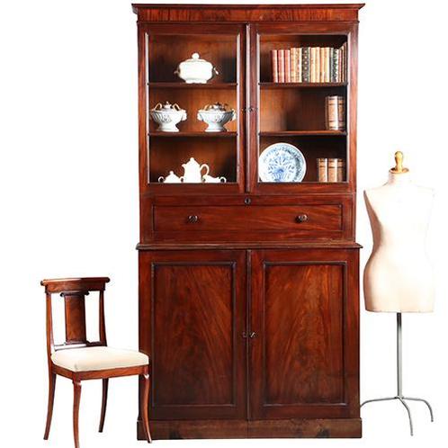 Hoge boekenkast mahonie met archiefklep en prachtig oud gla, Antiek en Kunst, Antiek | Meubels | Kasten, Ophalen of Verzenden