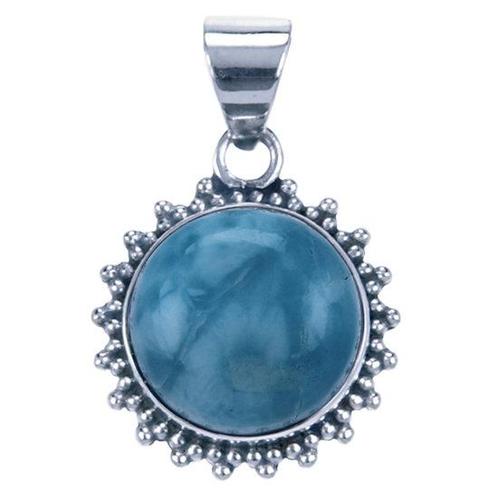 Zilveren Larimar edelsteen rond met kartelrand kettinghanger, Sieraden, Tassen en Uiterlijk, Kettinghangers, Verzenden