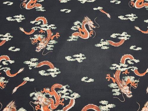 Mistica Nacht: Katoenen Stoffering met Oriëntaalse Draken -, Antiek en Kunst, Antiek | Kleden en Textiel